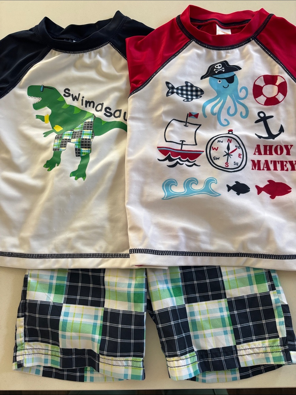 Gymboree Lot of 3 Boys 18-24 Months Plaid Swim Trunks and 2 Rashguards